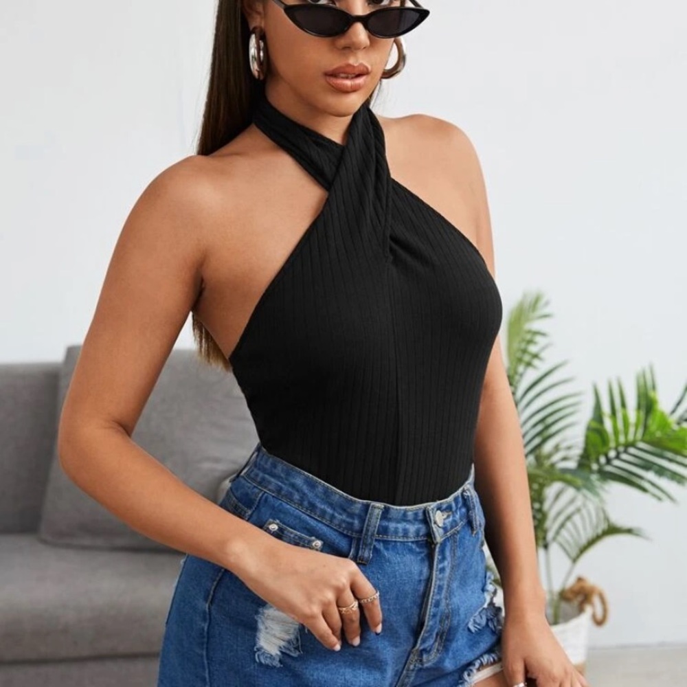 black criscross neck top